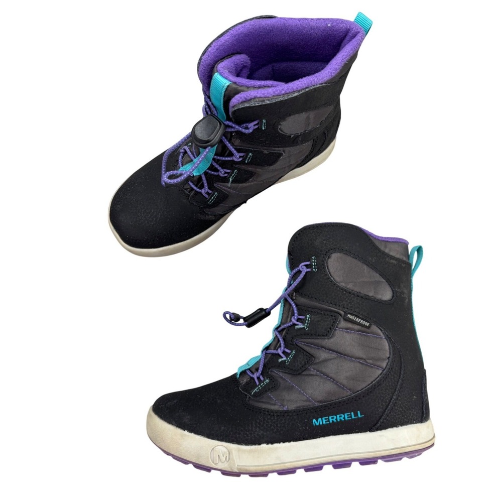 Merrell Snow Bank 4 Kids Winter Boots Black Purple Bungee Waterproof Snow Size 2